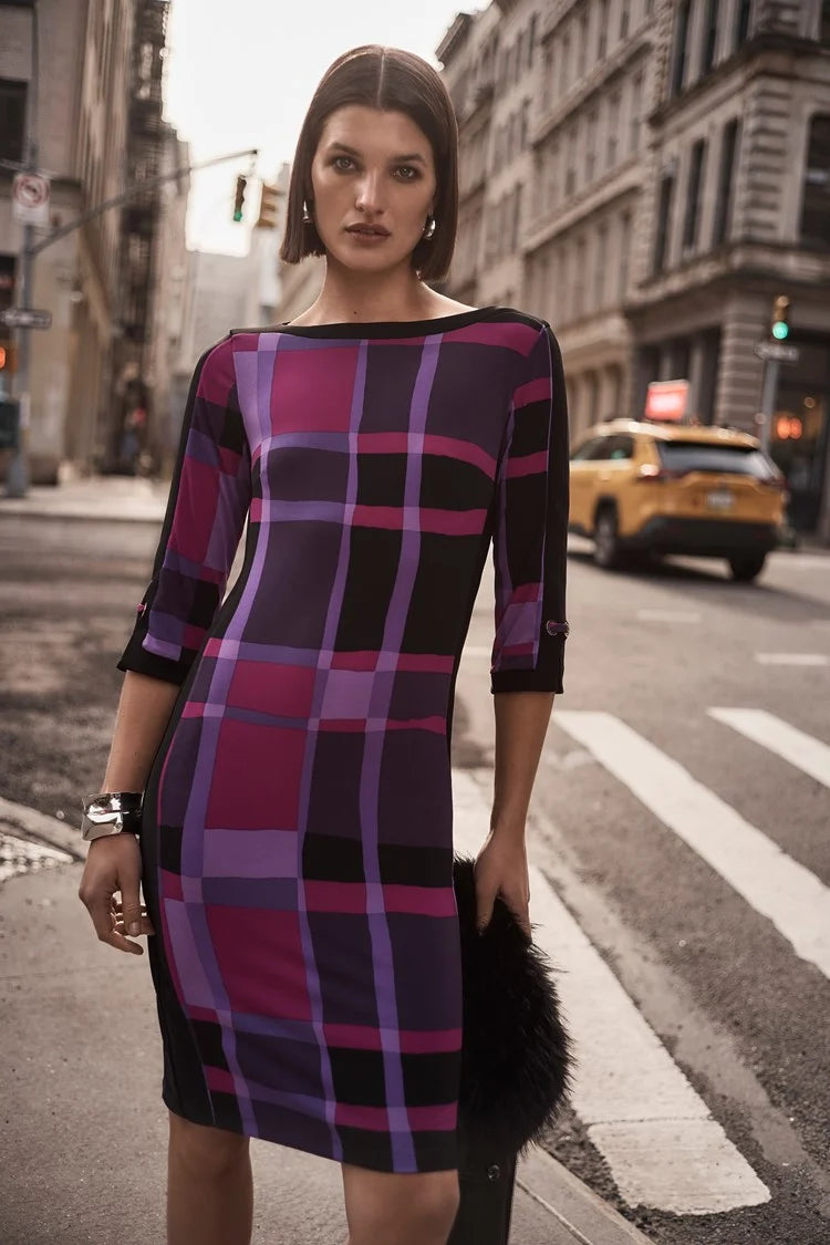 Plaid Print Sheath Dress-Purple/Black