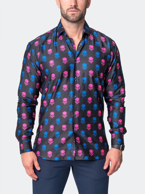 skull print button down shirt