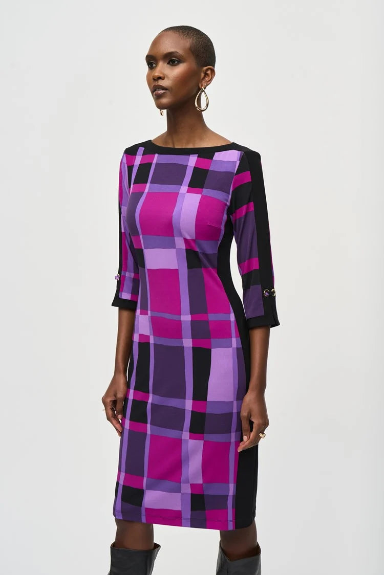 plaid knit dress Plaid Print Sheath Dress-Purple/Black – Benjamin's & Libba's